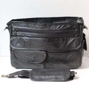 Vintage Black Leather Multi-Pocket Messenger Bag- Pre-owned